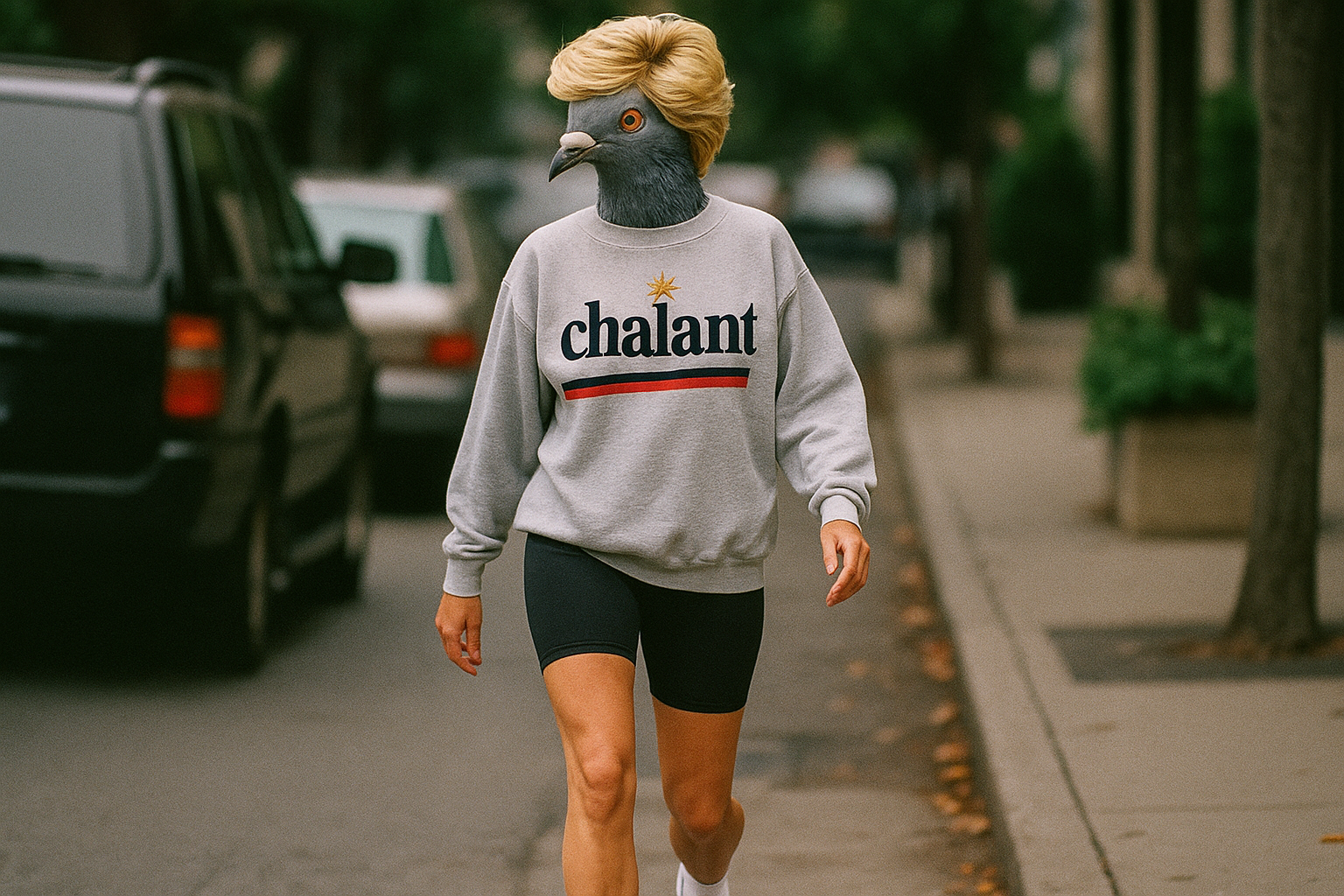 princess diana paparazi style photo, she is wearing cycling shorts, white trainers and socks, and a vintage sweatshirt that reads 'chalant' with a red and a navy line underneath and a small yellow starbust above the word. her face is a replaced with a pigeon head, but her hair is on top of that 