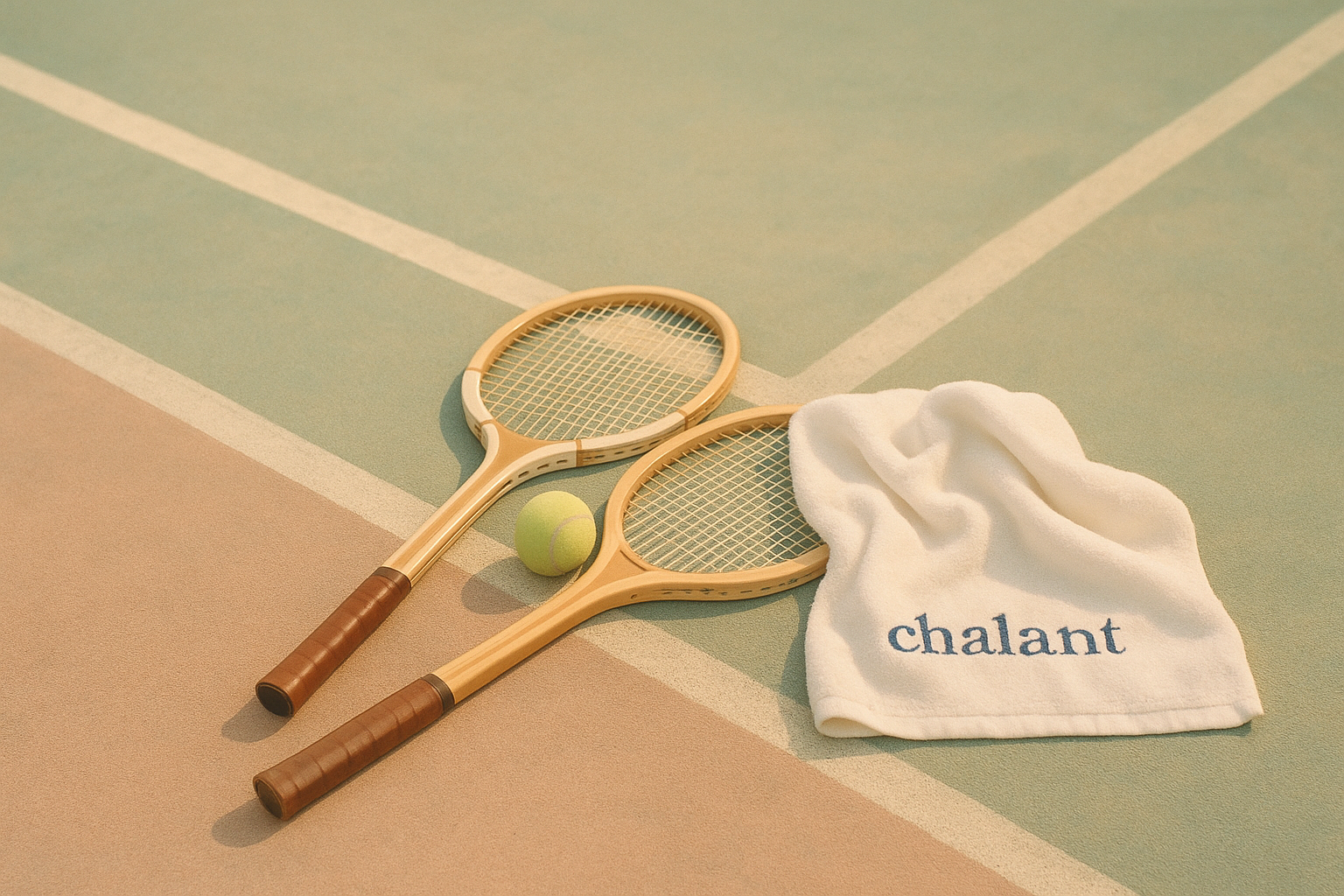 tennis court, vintage/pastel colours, two tennis rackets and one tennis ball on the court ground, one white towel rag flopped on the ground next to them, with 'chalant' embroidered on the towel in navy