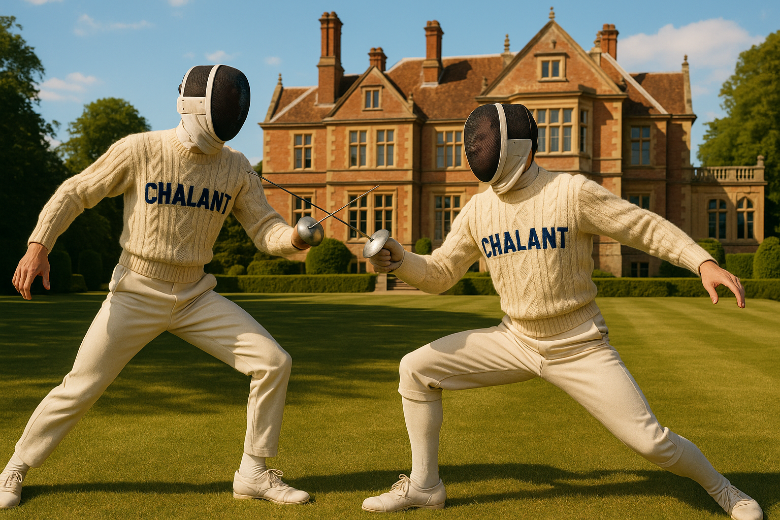 two people fencing outside a manor house, sunny day, both of them wearing vintage sweaters that read 'chalant' 